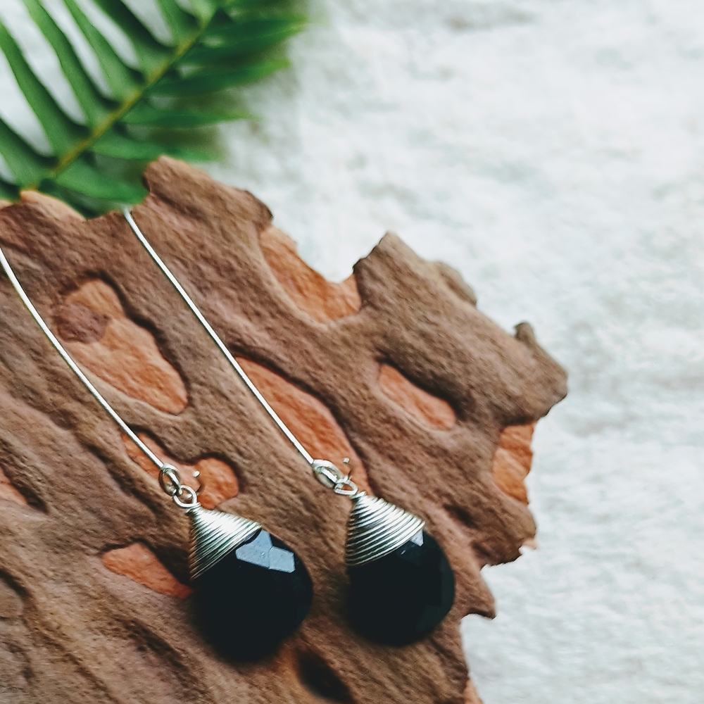 Vintage, Artisan, Black Faceted Gemstone Teardrop Earrings W 925 Fixtures, Goth